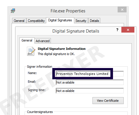 Screenshot of the Preventon Technologies Limited certificate